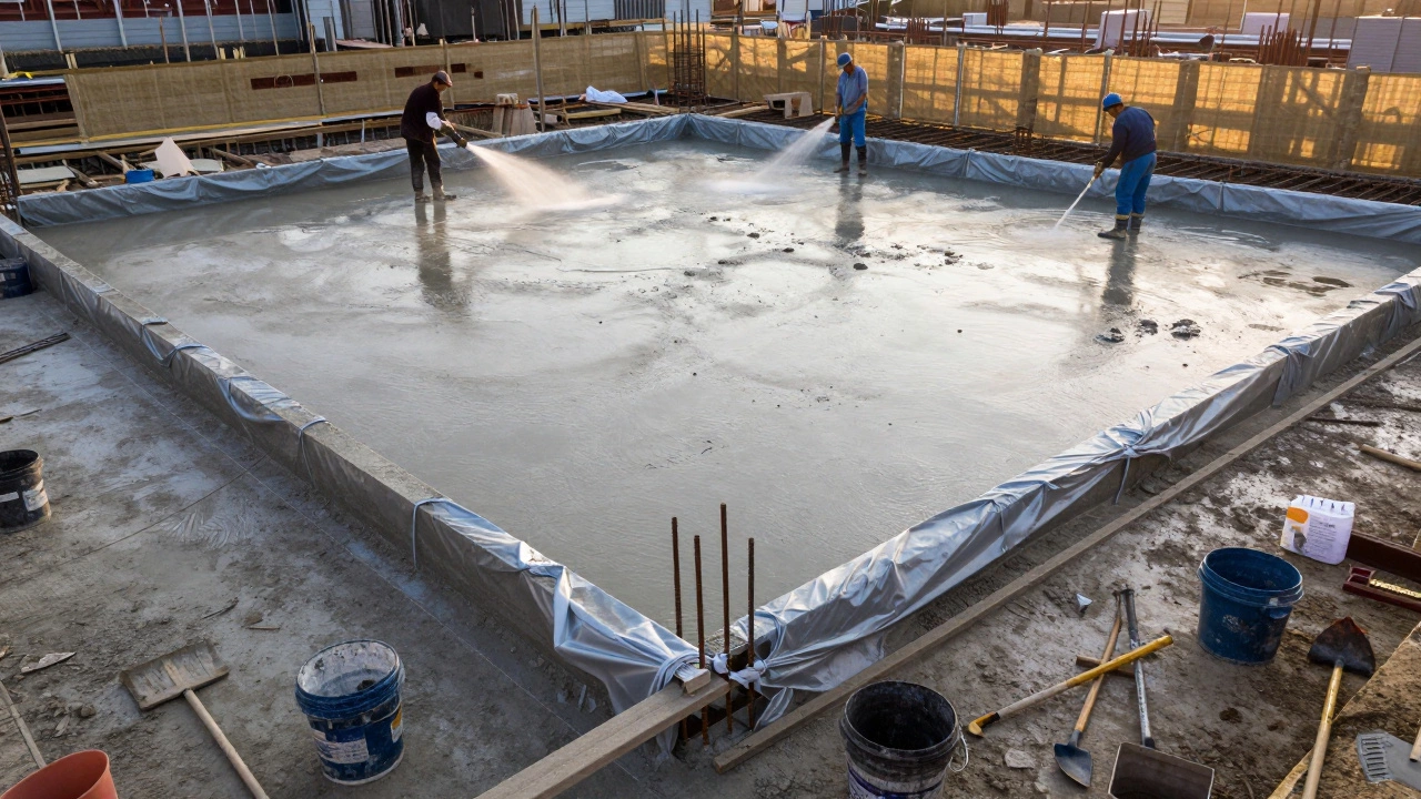 Увлажнение свежего фундамента для правильного затвердевания