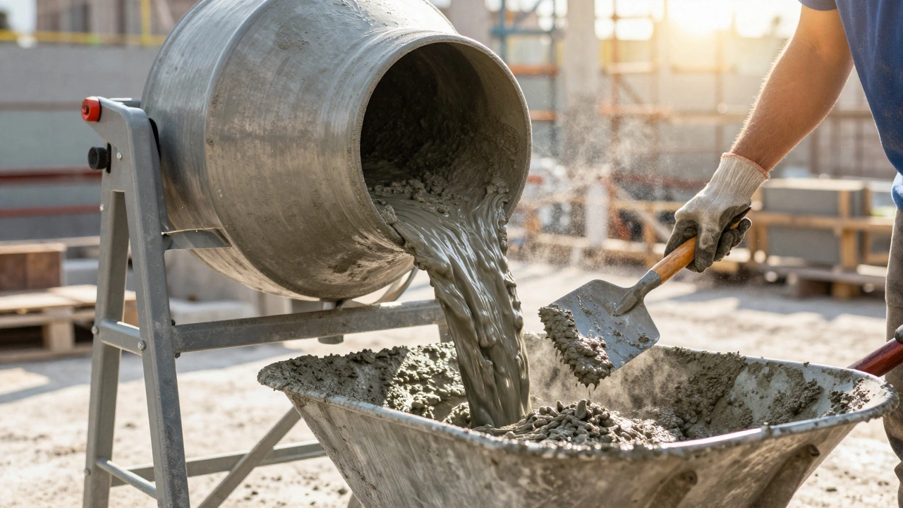 Выгрузка жидкого бетона из бетономешалки в тачку мастером.