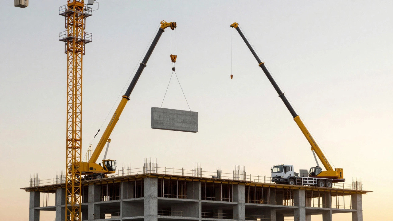 Автокран и автобетононасос при возведении многоэтажного здания