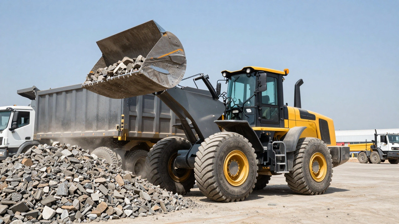 Фронтальный погрузчик засыпает щебень в кузов мощного автосамосвала