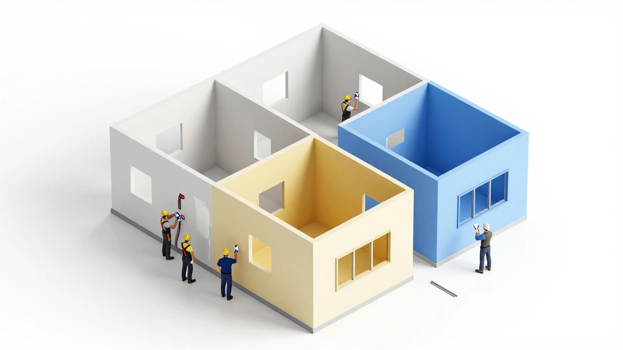 Изометрическая схема дома с разделением на зоны для разных бригад