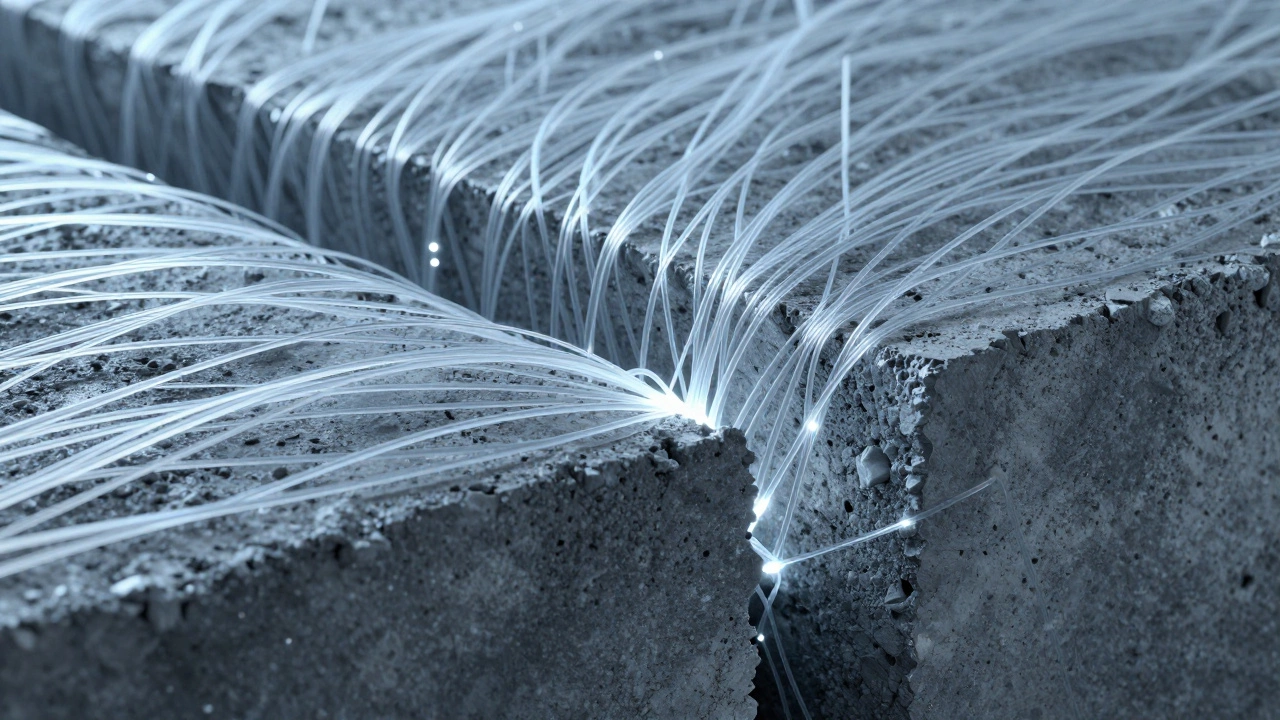 Микроструктура бетона с армирующим фиброволокном, предотвращающим трещины