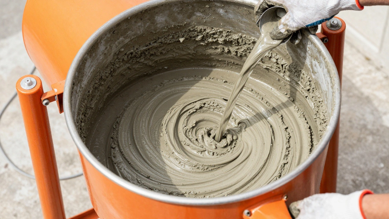Процесс перемешивания серого бетонного раствора в бетономешалке