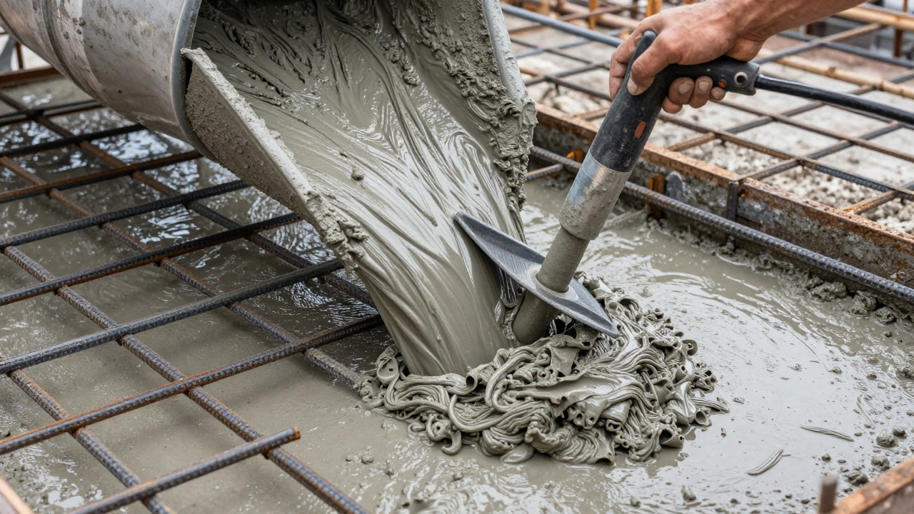 Процесс заливки свежего бетона в опалубку с использованием вибратора