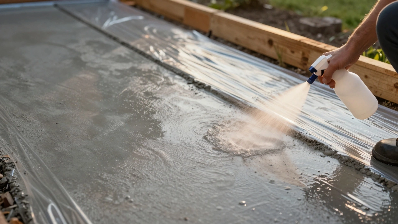 Уход за свежезалитой бетонной дорожкой с использованием пленки и распылителя