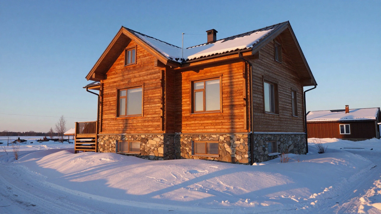 Загородный дом зимой с высоким каменным цоколем, защищающим стены от снега.