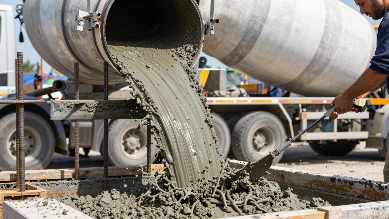 Заливка бетона в фундамент с помощью бетононасоса и вибратора