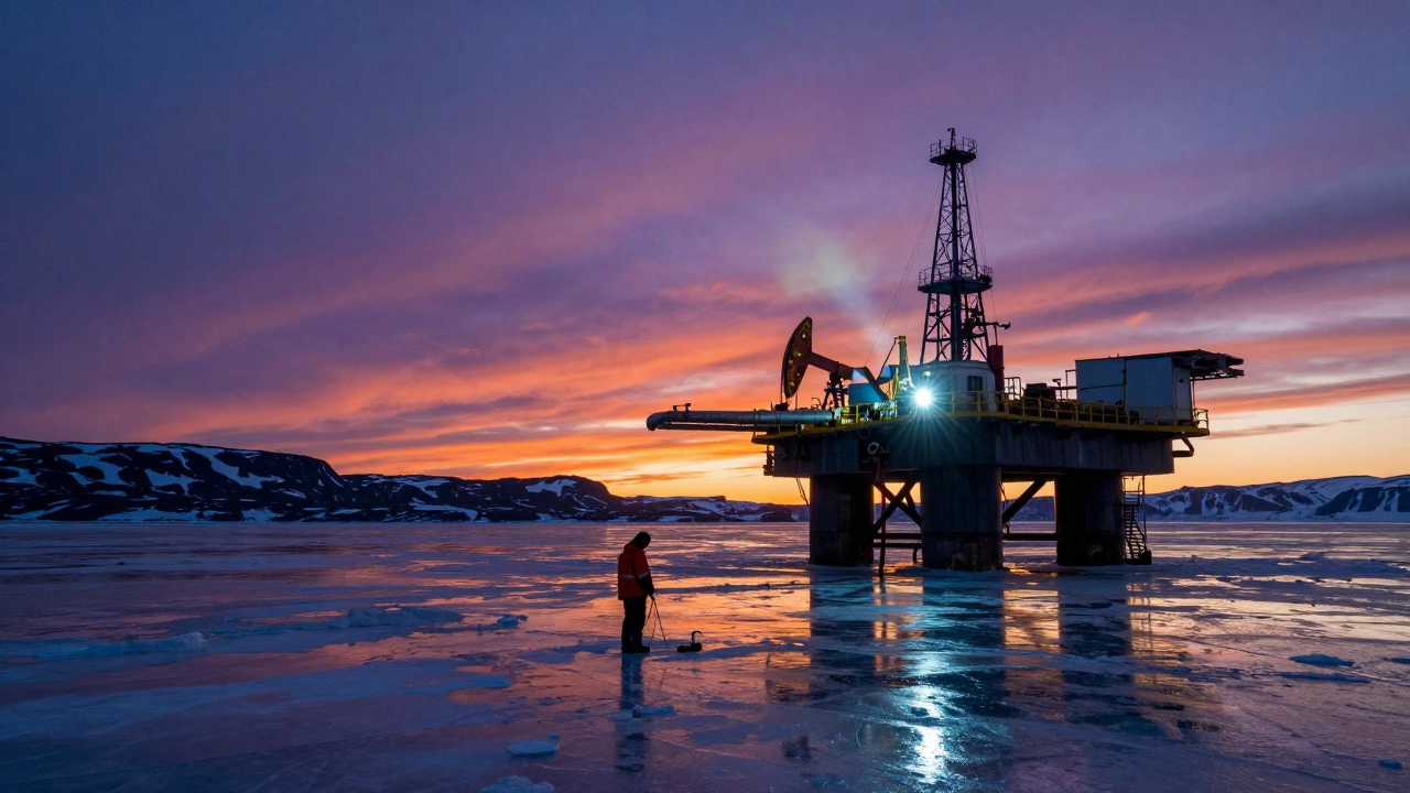 Одинокий сварщик работает на нефтегазовой платформе на Аляске на закате