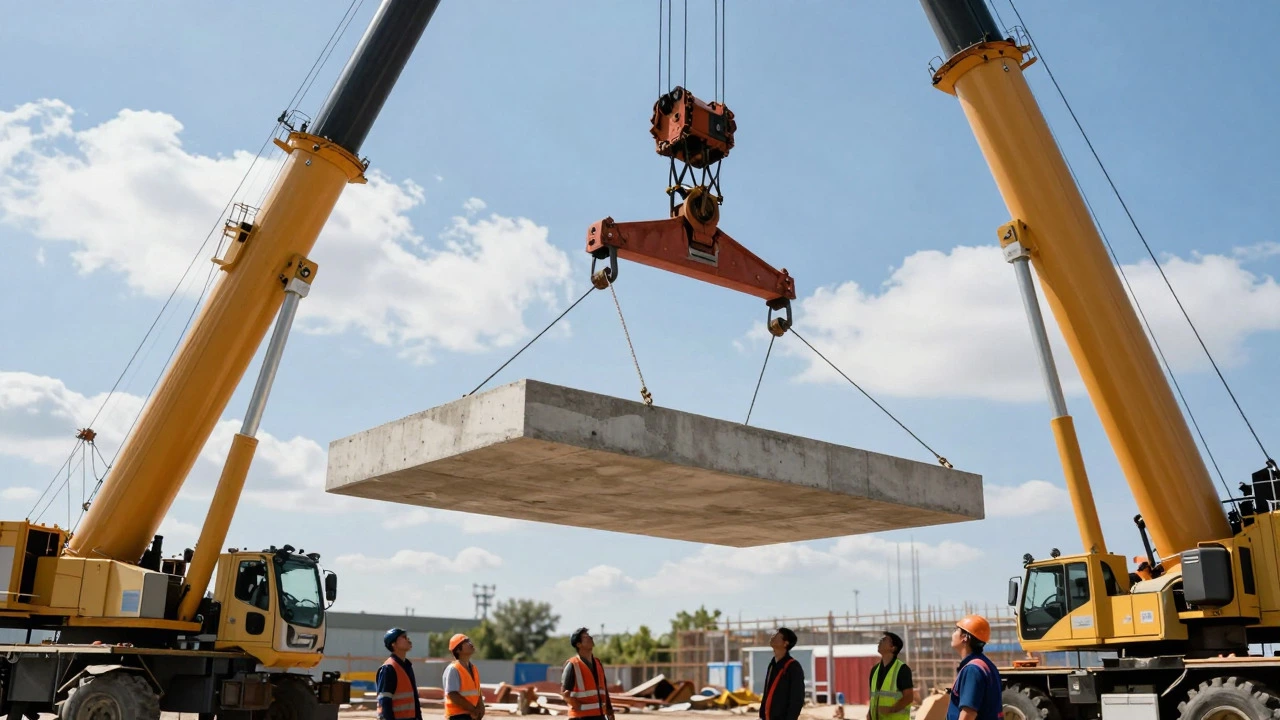Кран поднимает бетонную плиту над строительной площадкой